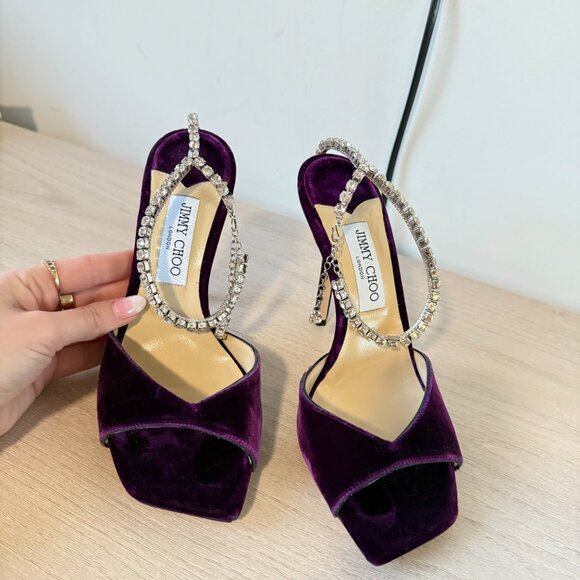 Jimmy Choo Saeda 100 Sandals Dark Purple Velvet Crystal Strap Square Toe Sz 40 - Picture 5 of 10